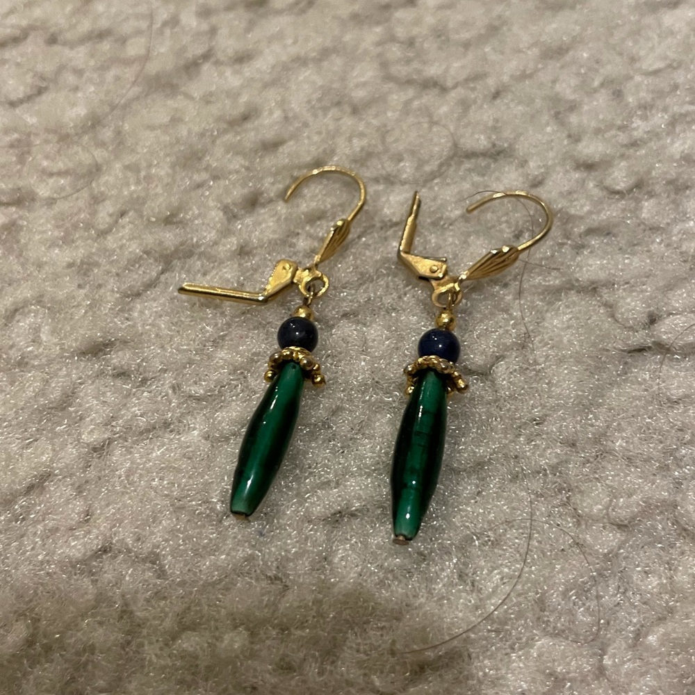 Green & gold dangly earrings